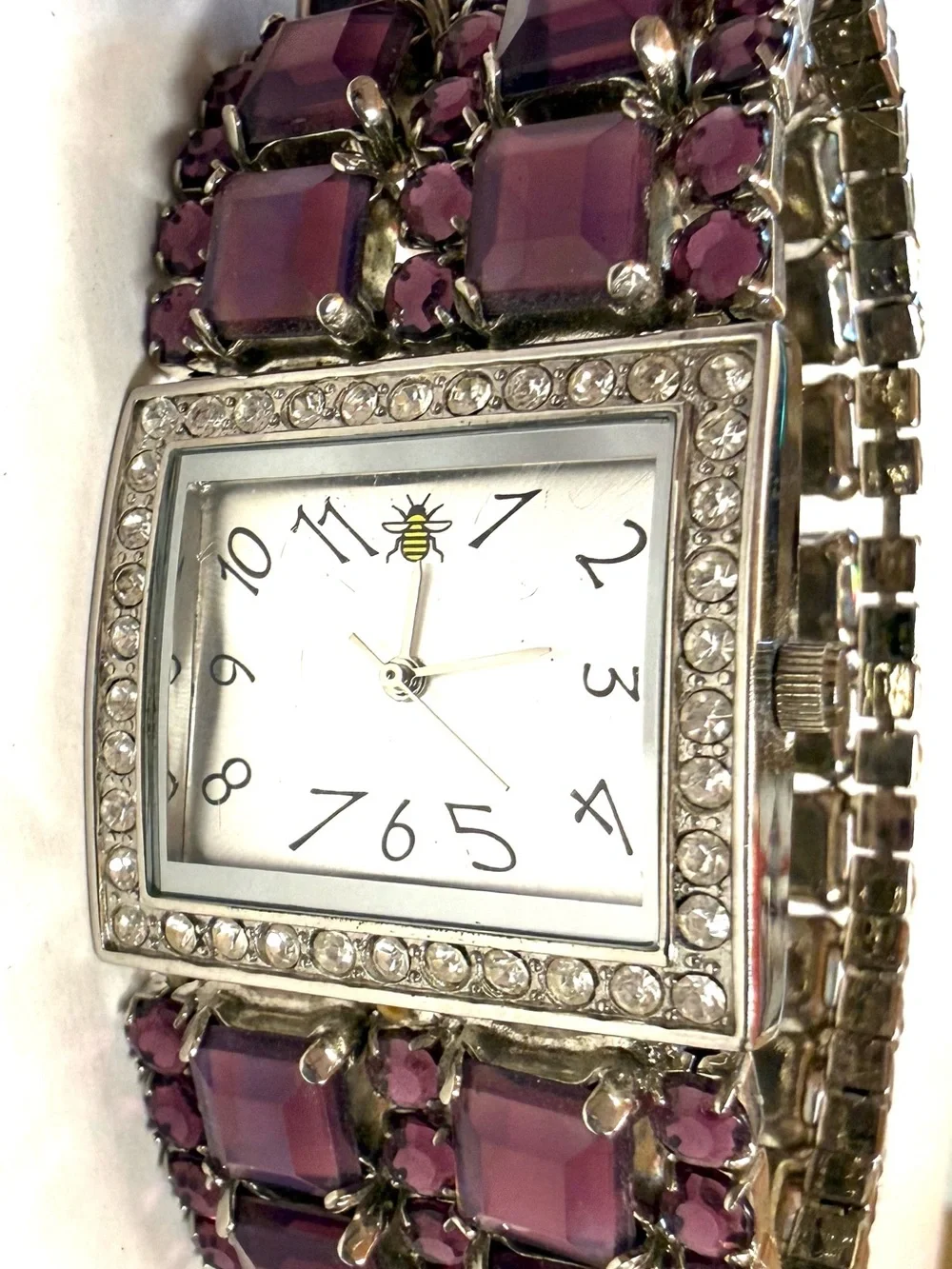 Vintage Oui Art Bee Watch Purple AB Iridescent Crystal Rhinestone Stretch Cuff